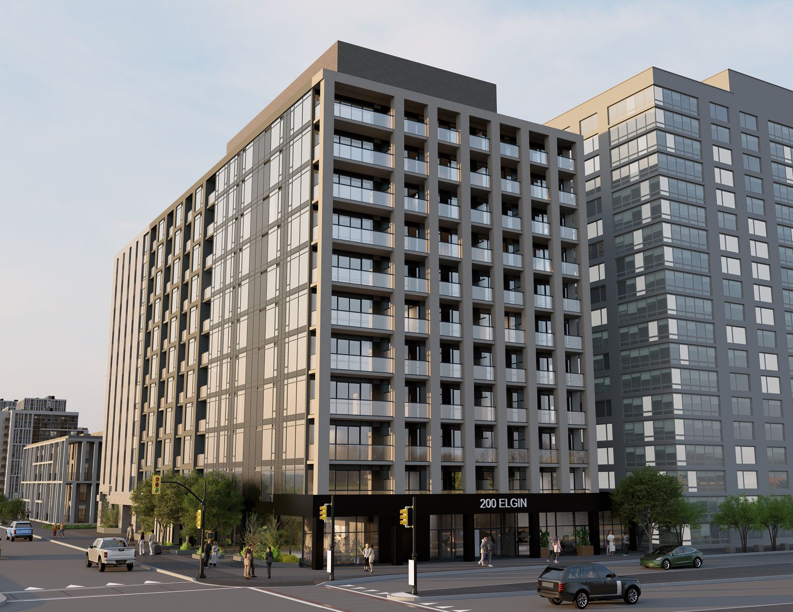 Render exterior de la torre de apartamentos de District Realty en Ottawa, con fachada de ladrillo y balcones