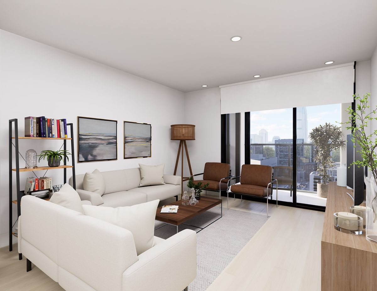 Sala luminosa con sofá blanco, mesa de centro de madera y ventana a la ciudad