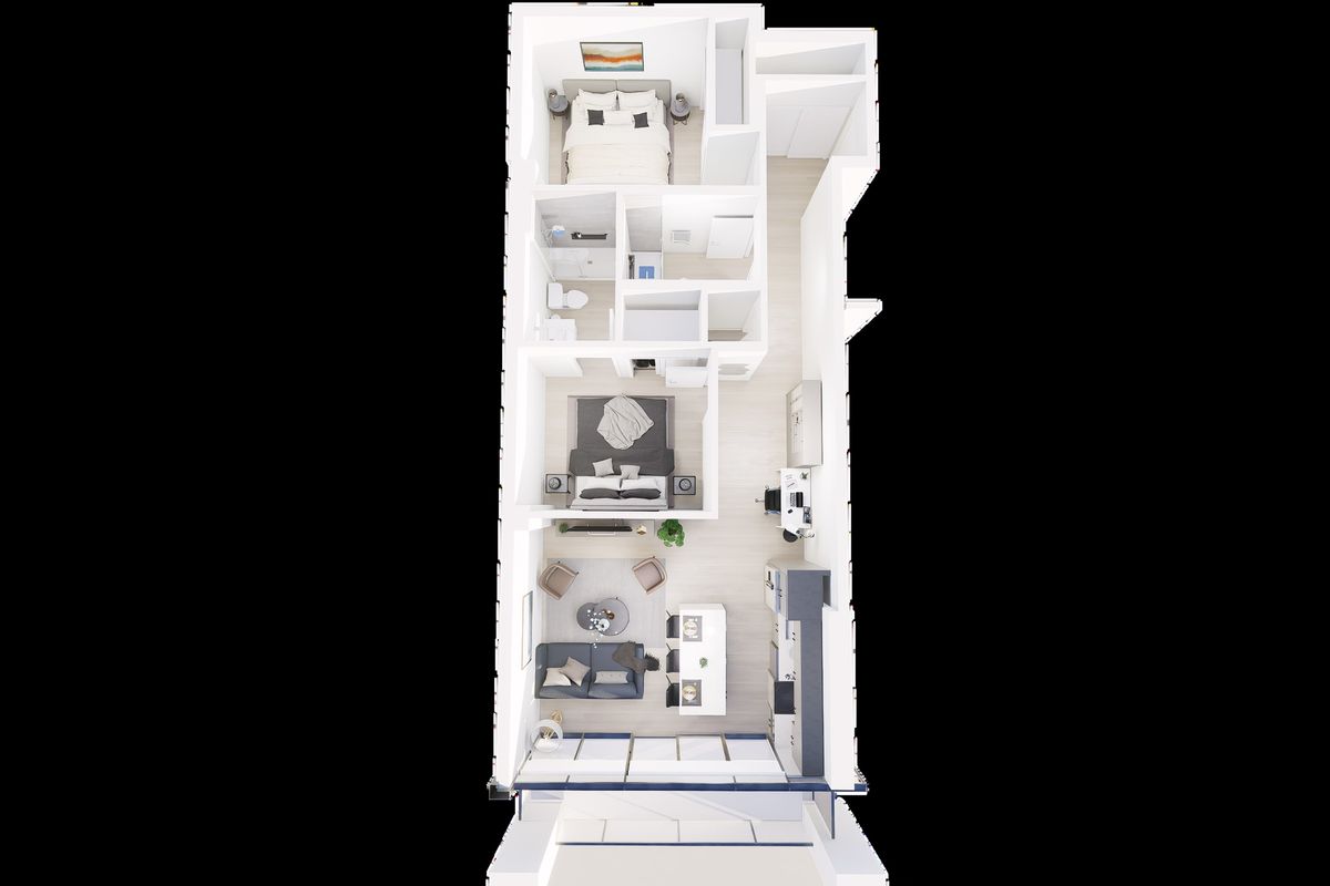 Planta amueblada en 3D de un apartamento estrecho y largo, con dormitorio al fondo y sala junto a la ventana