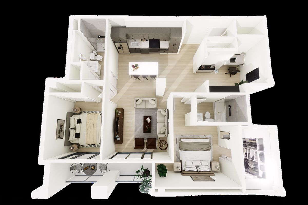 Planta amueblada en 3D de un apartamento de un dormitorio y estudio
