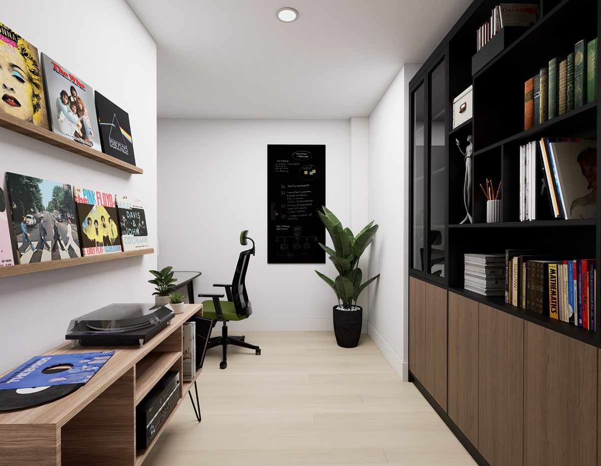 Estudio con librero oscuro, escritorio y repisas para discos