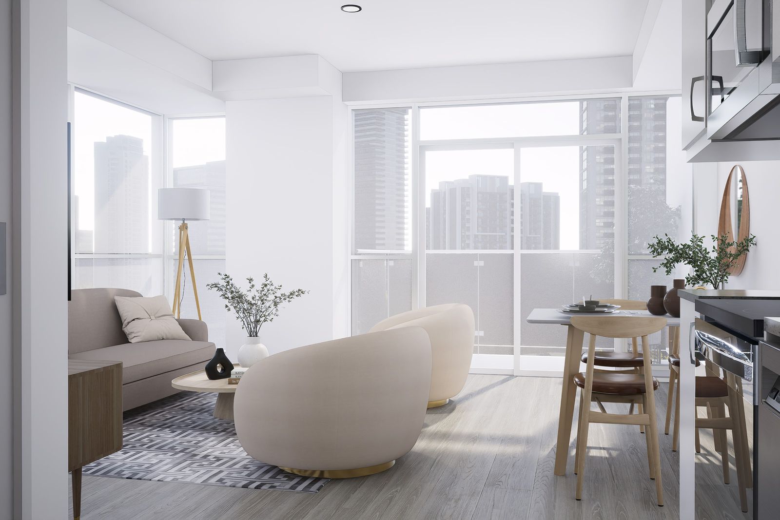 Sala con sillón curvo color crema, comedor y ventanal hacia la ciudad