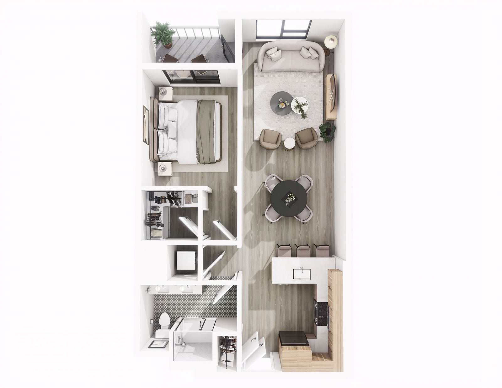 Planta 3D de un apartamento con dormitorio, sala y cocina, con mobiliario a escala