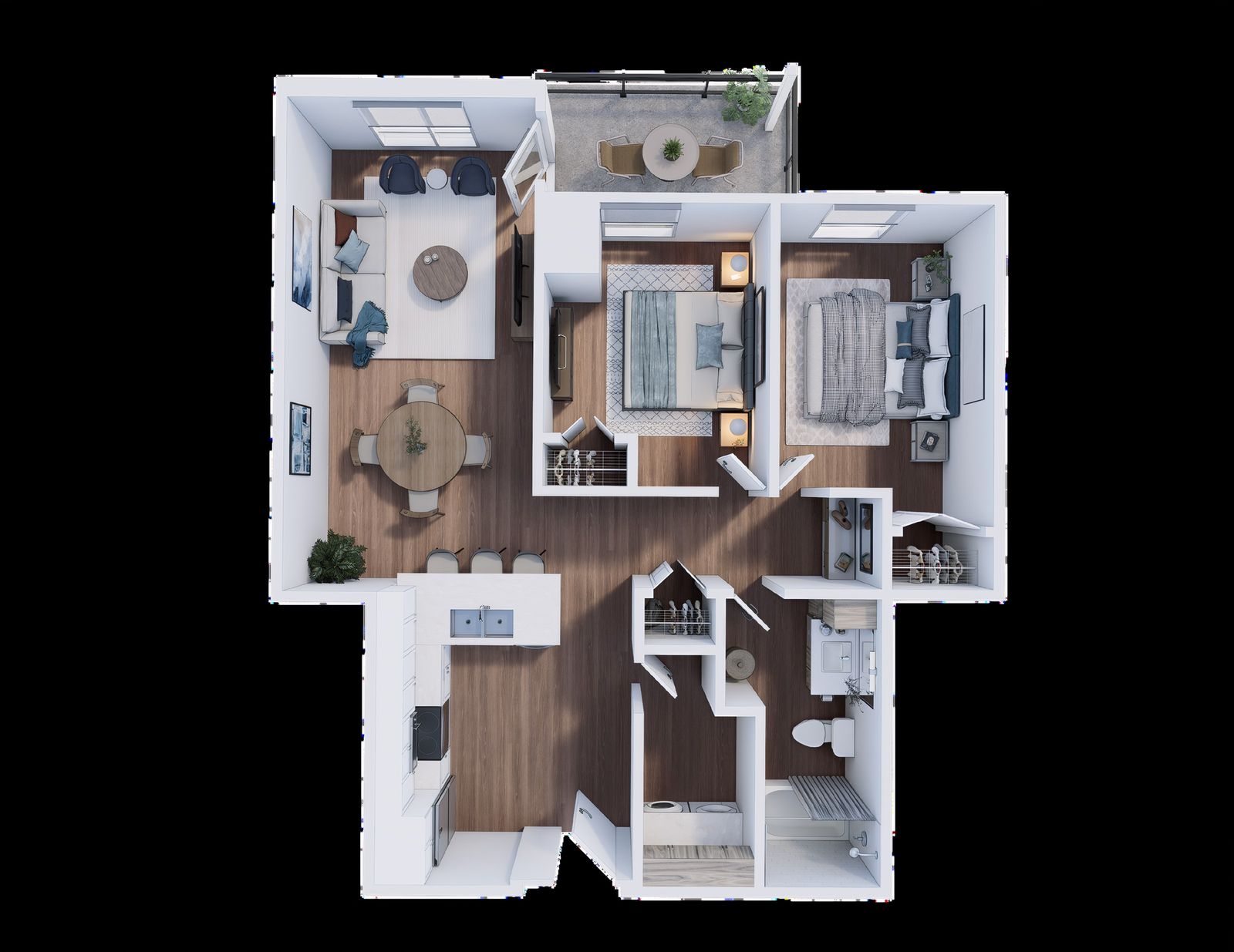 Planta 3D de un apartamento de tres dormitorios con pisos de madera