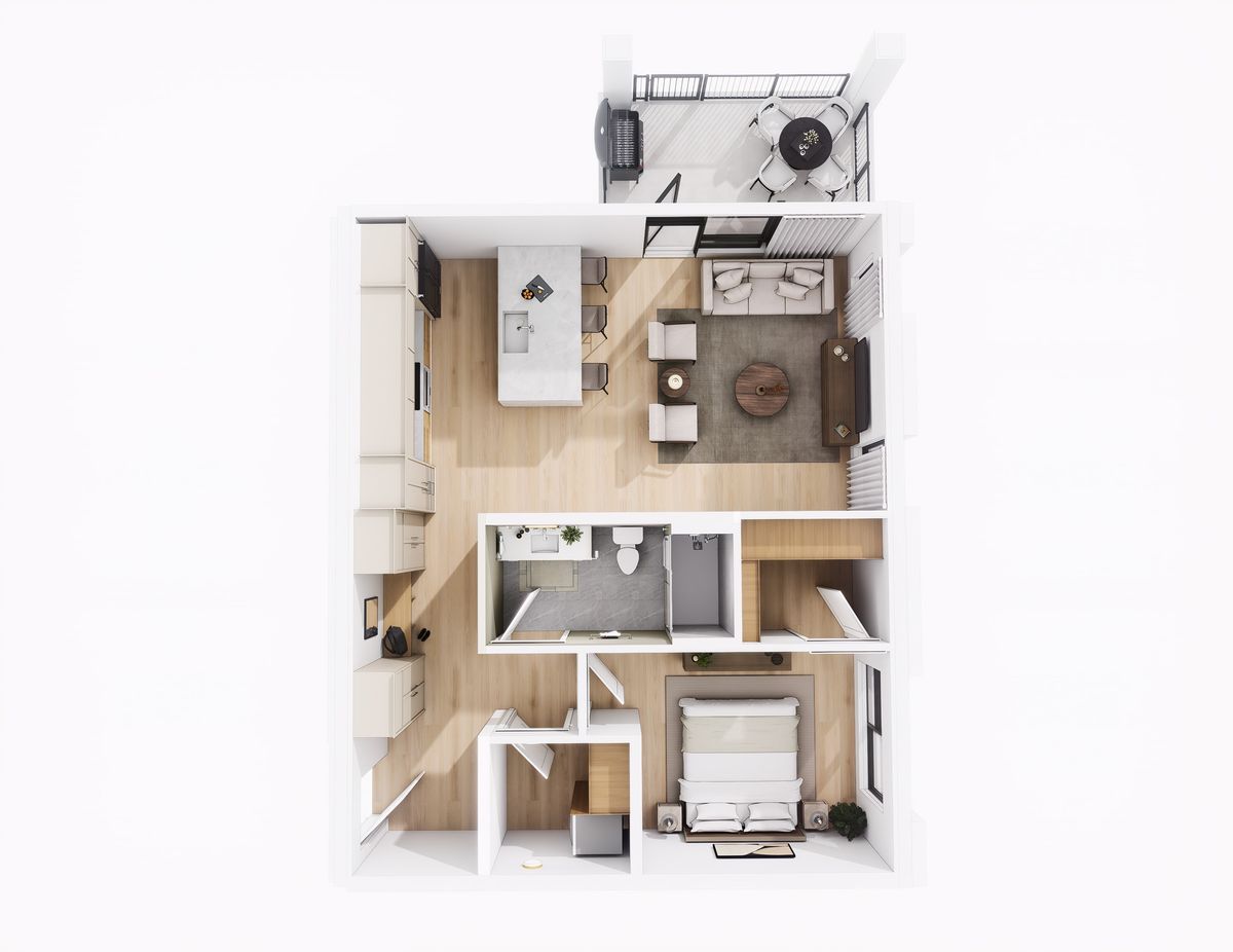 Planta 3D de un apartamento de un dormitorio con balcón
