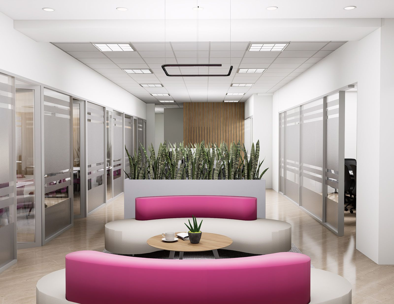 Sala de espera con sofás fucsia, jardinera y mesa baja