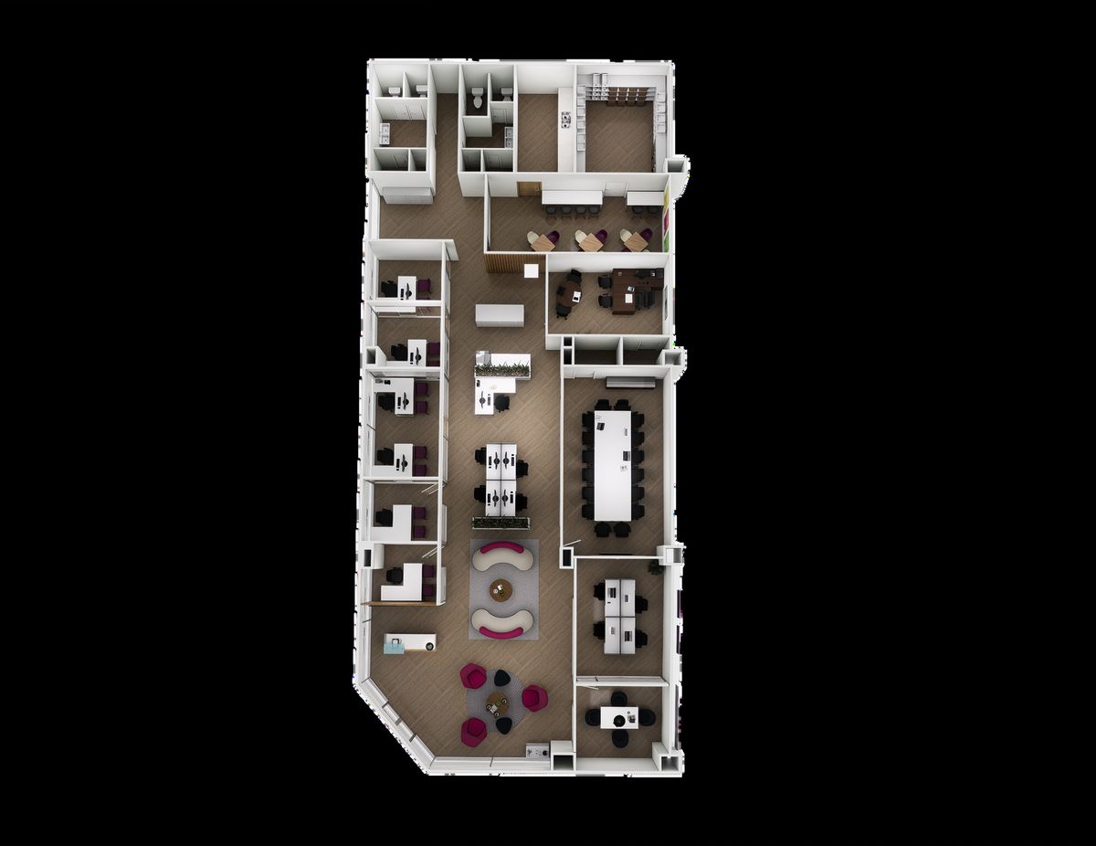 Furnished 3D plan of the Seguros Continental office, open desks and closed rooms