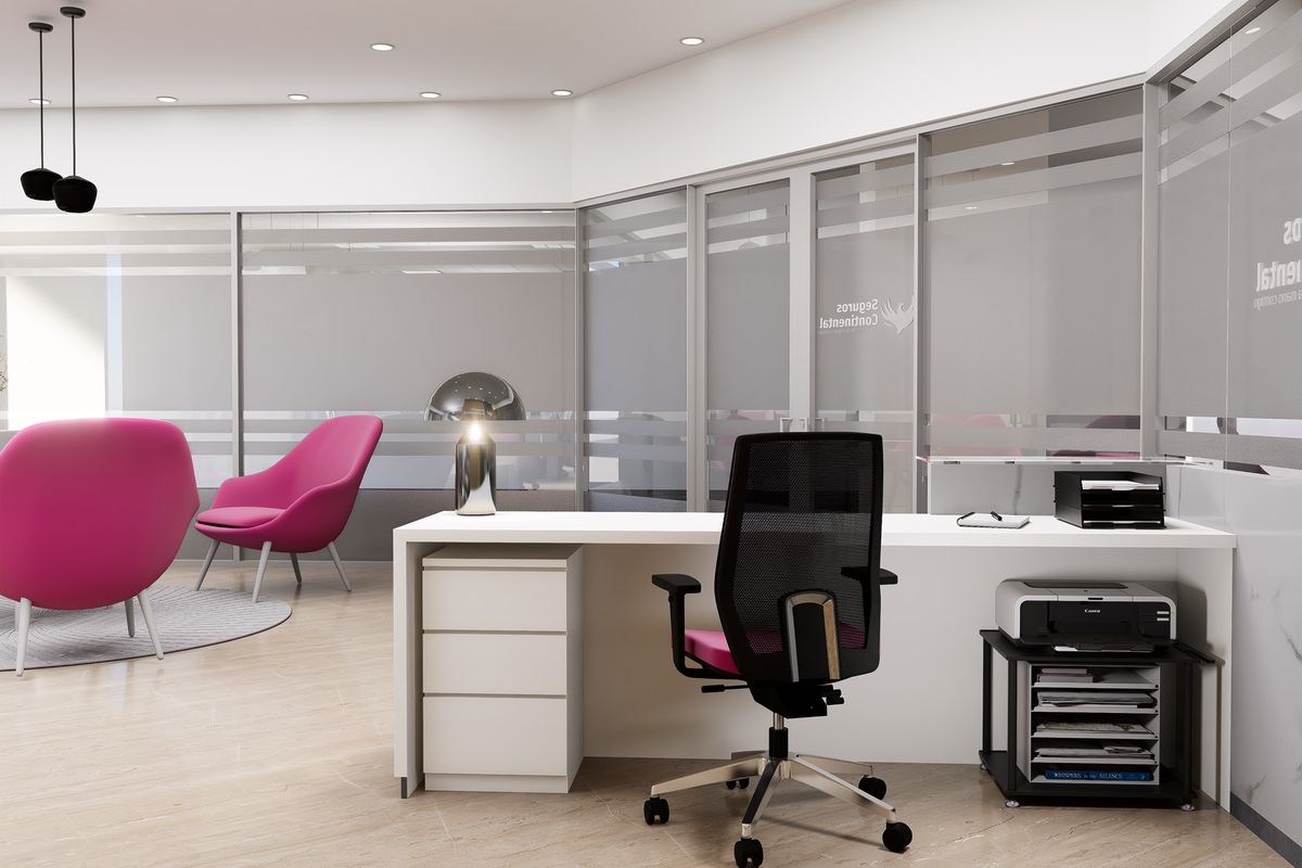 Private office with frosted glass, fuchsia armchairs and a white desk