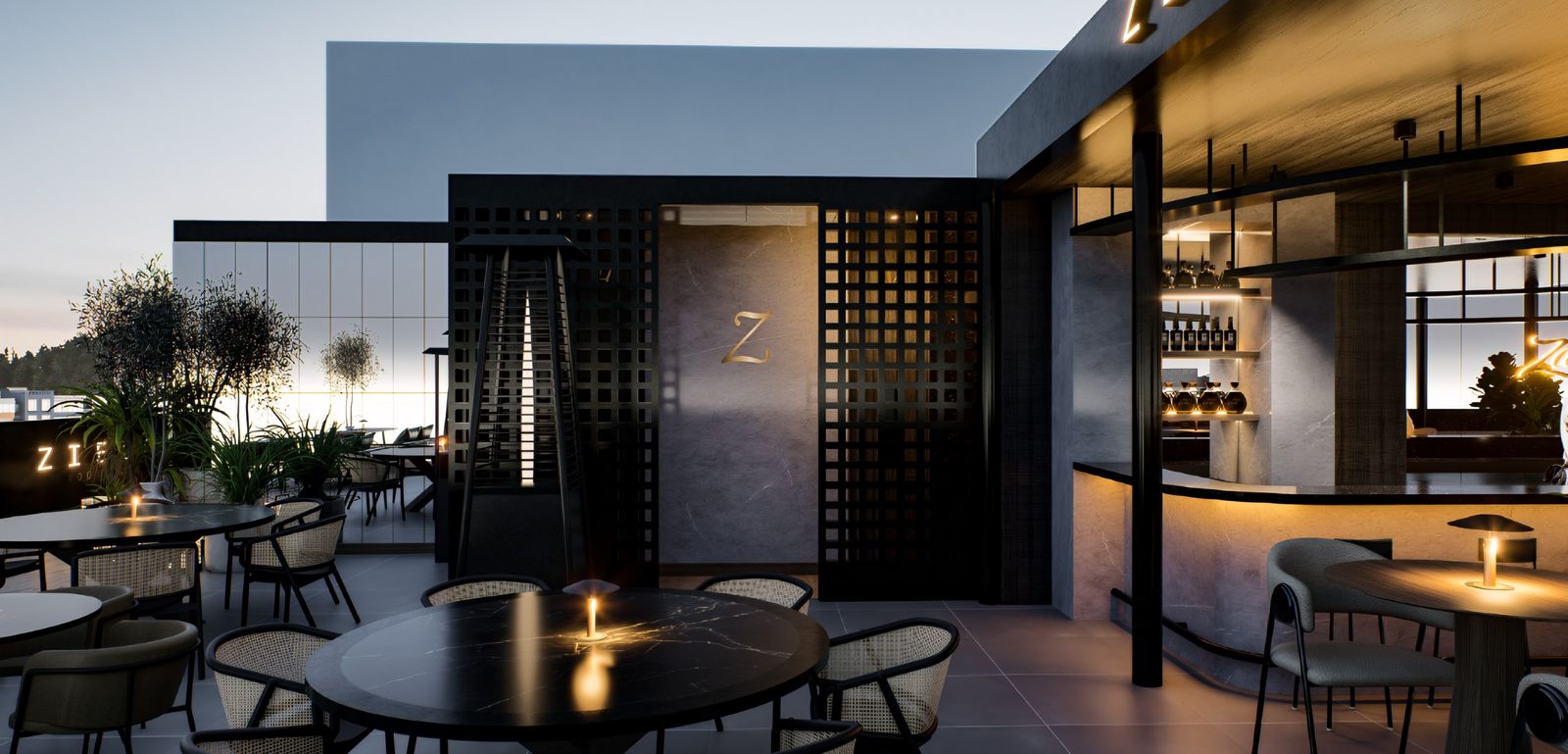 Render del restaurante Zielo Rooftop al atardecer, con terraza y barra iluminada