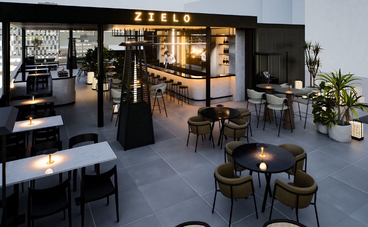 Render del interior de Zielo Rooftop, con mesas, velas y barra al fondo